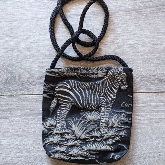 Vintage Handbags - VINTAGE 90s Embroidered Zebra Bag Casual Crossbody Purse Travel Grunge Black